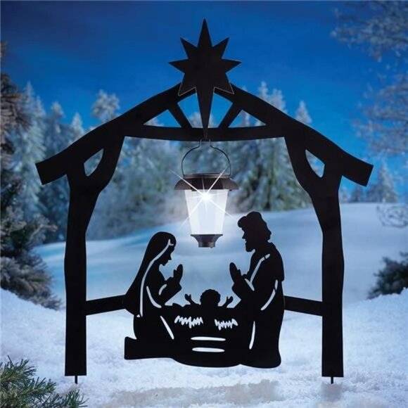 Holy Family Nativity Shadow Garden Stakes with Solar Lantern Nativity Scene - Picture 3 of 5